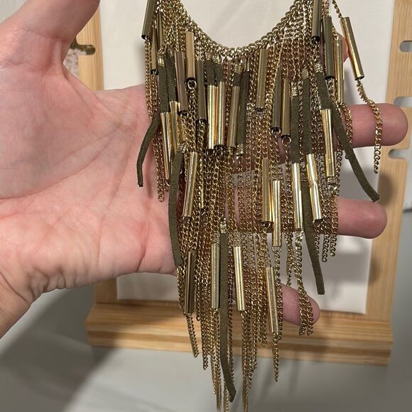 CHICO'S Boho Bib Gold Tone and Okive Leather Necklace - Picture 2 of 5